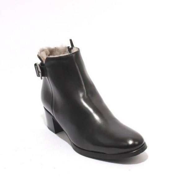 ITALIAN Black Leather Shearling Ankle Heel Boots - Picture 1 of 9